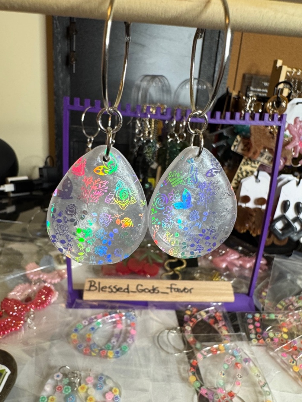 Holographic Floral Teardrop Earrings - Clear